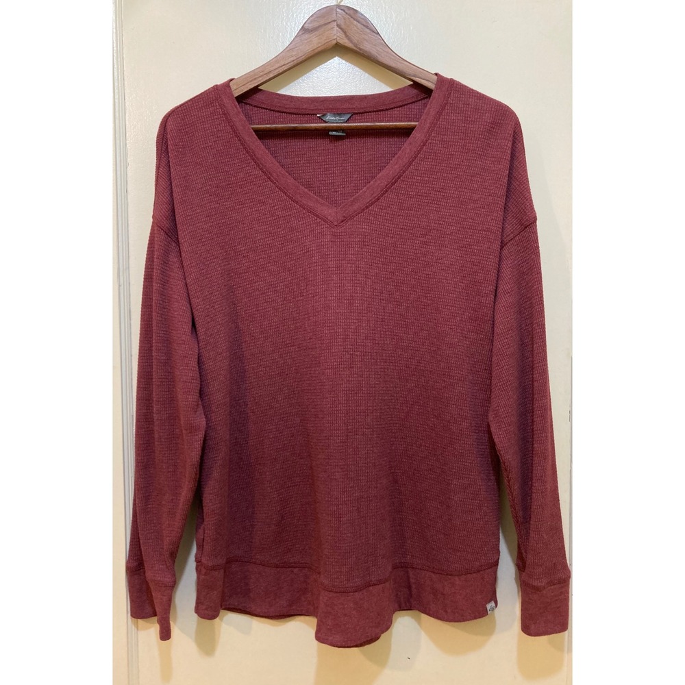 Eddie Bauer Womens Top M Waffle Knit V-Neck Pullover Burgundy Long Sleeve Lounge